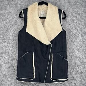 Zara Trafaluc Oversized Layering Blk Cream Faux Suede Shearling Moto Vest Small